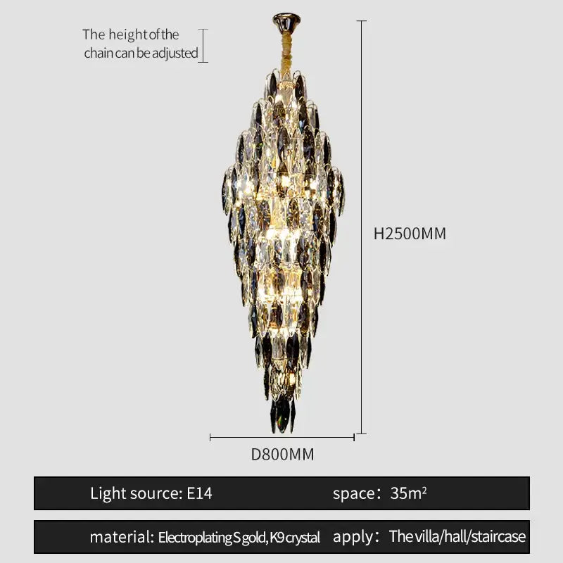 A decorbites crystal chandelier with cascading clear and dark crystal droplets on a gold-toned brass fixture