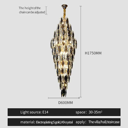 A tall decorbites crystal chandelier with cascading clear and dark crystals on an electroplated gold finish