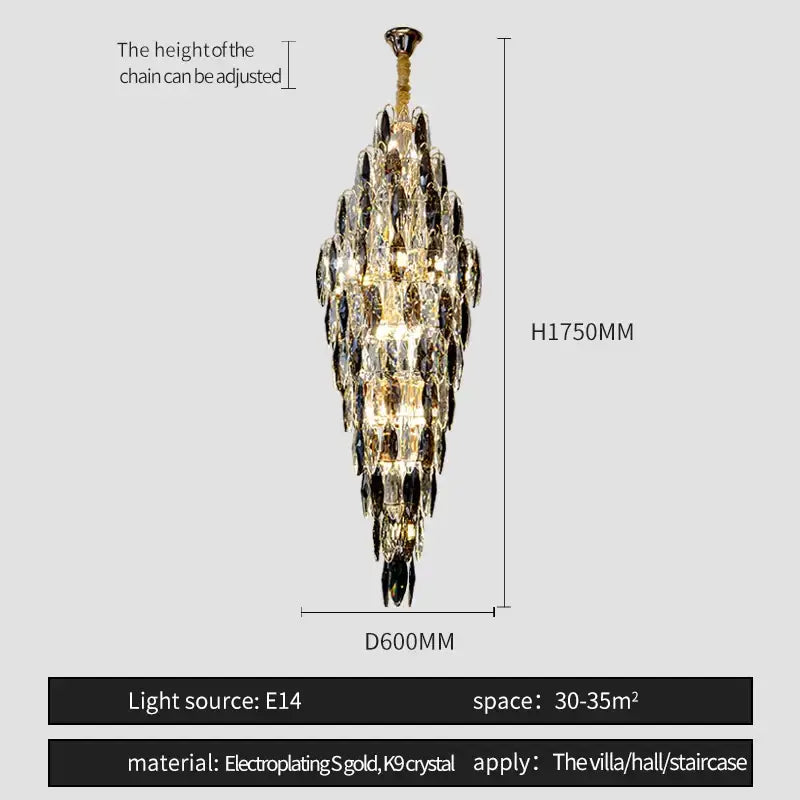 A tall decorbites crystal chandelier with cascading clear and dark crystals on an electroplated gold finish