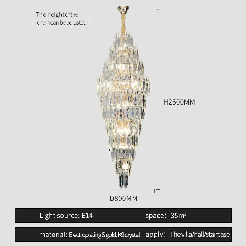 A tall elegant decorbites crystal chandelier with gold-plated finish and faceted k9 crystals for modern villa decor