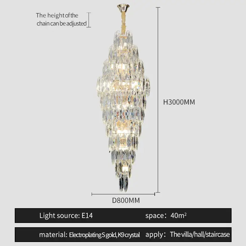 A tall, elegant decorbites crystal chandelier with gold-plated frame and clear k9 crystals for luxe modern villas