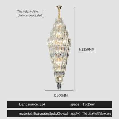 A tall elegant decorbites crystal chandelier with gold-plated frame and clear k9 crystals for modern European villa decor