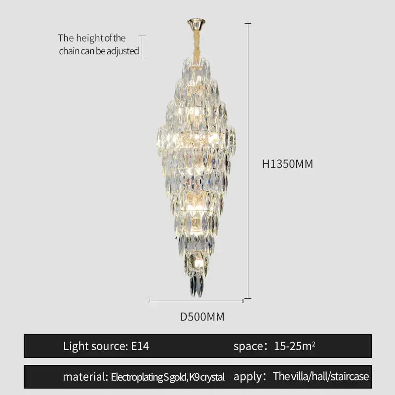 A tall elegant decorbites crystal chandelier with gold-plated frame and clear k9 crystals for modern European villa decor