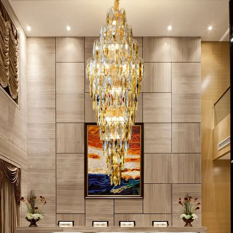 DecorBites crystal chandelier with cascading golden and clear crystal droplets for luxe modern European villa decor