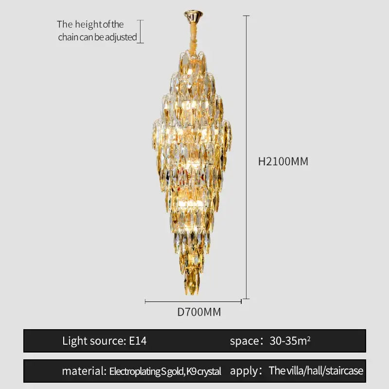 Golden electroplated decorbites crystal chandelier with cascading k9 crystal tiers for elegant villa or staircase lighting