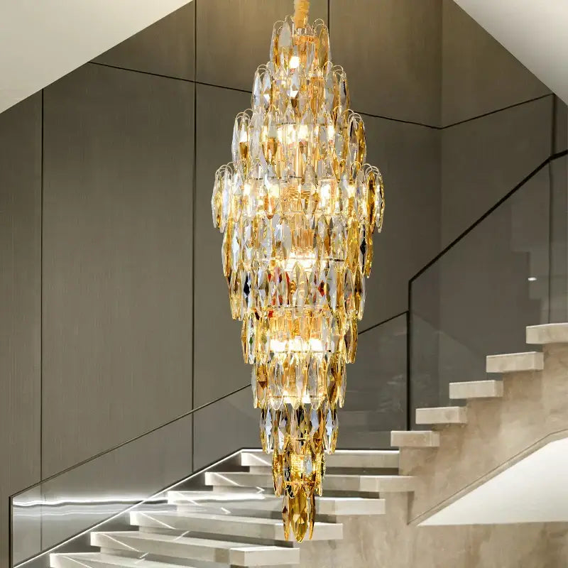 Decorbites crystal chandelier with luxurious gold finish and cascading clear faceted glass tiers for modern villa decor