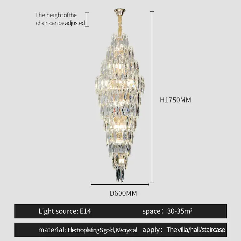 A tall elegant decorbites crystal chandelier with gold-plated finish and faceted k9 crystals for luxe decor