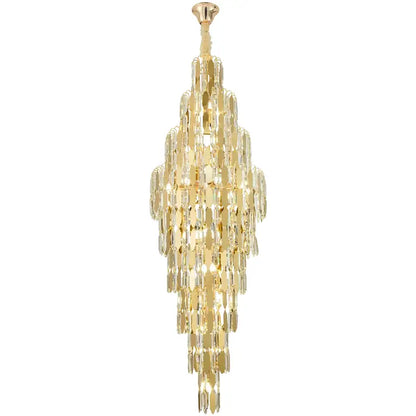 A multi-tiered gold-finished decorbites crystal chandelier with cascading rectangular prisms for modern European living rooms