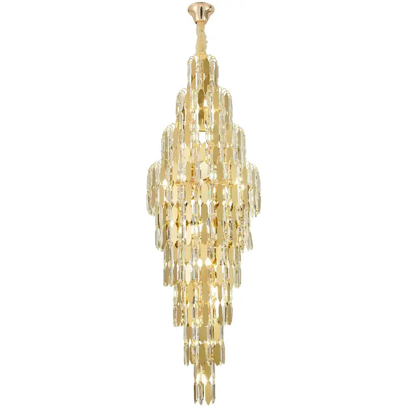 A multi-tiered gold-finished decorbites crystal chandelier with cascading rectangular prisms for modern European living rooms