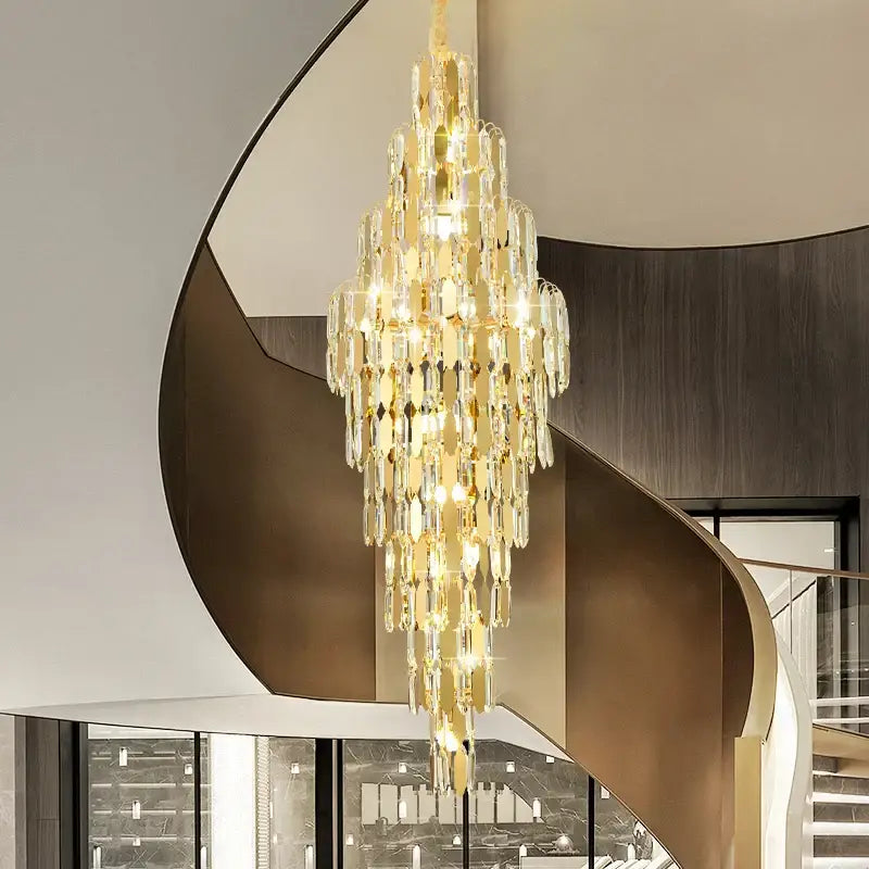 DecorBites crystal chandelier with clear faceted crystal droplets and gold-toned metal for modern European living rooms