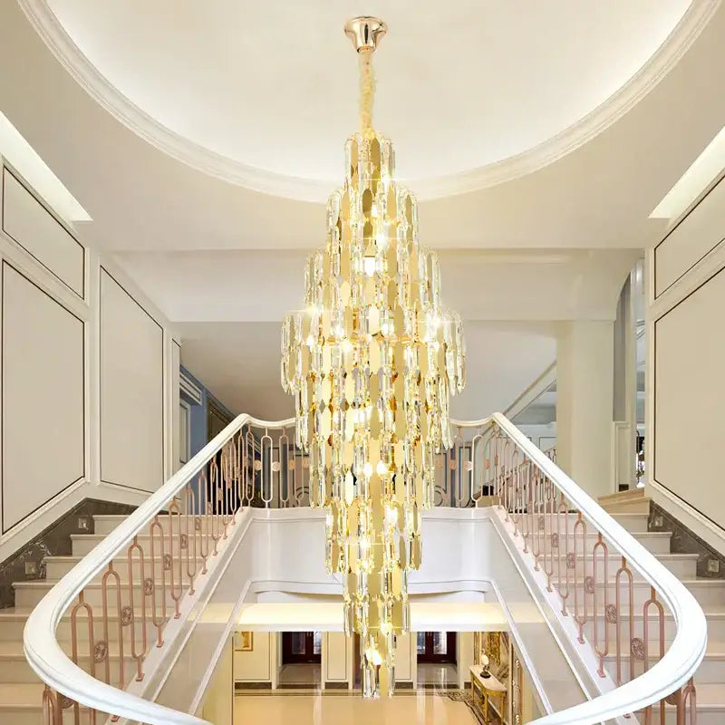A luxurious gold-toned decorbites crystal chandelier with cascading crystal droplets for modern european living rooms