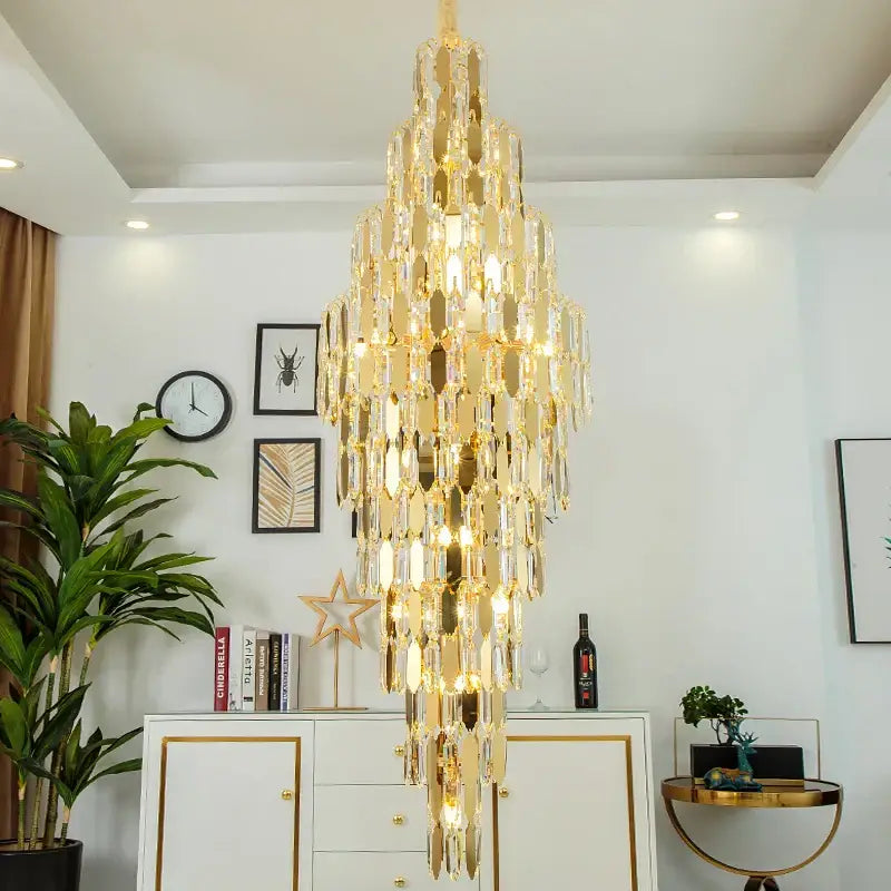 A decorbites crystal chandelier with cascading golden metal frames and clear crystal droplets for modern european living rooms