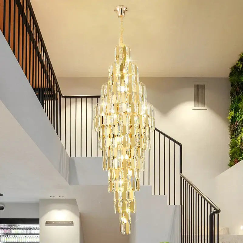 Decorbites crystal chandelier with cascading golden crystal prisms and polished chrome fixture for modern european living rooms