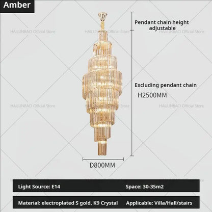 Golden tiered DecorBites crystal chandelier with electroplated gold and K9 crystal for penthouse villa living room luxury design