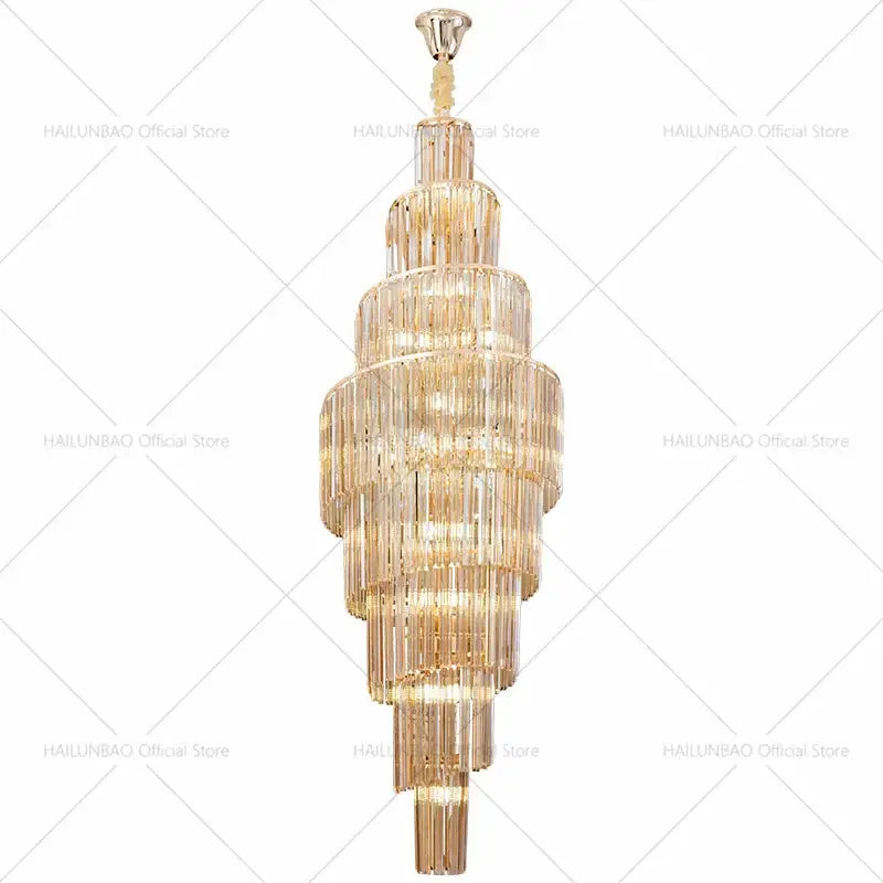 Golden tiered decorbites crystal chandelier with cascading crystal rods and polished brass finish for luxury living room