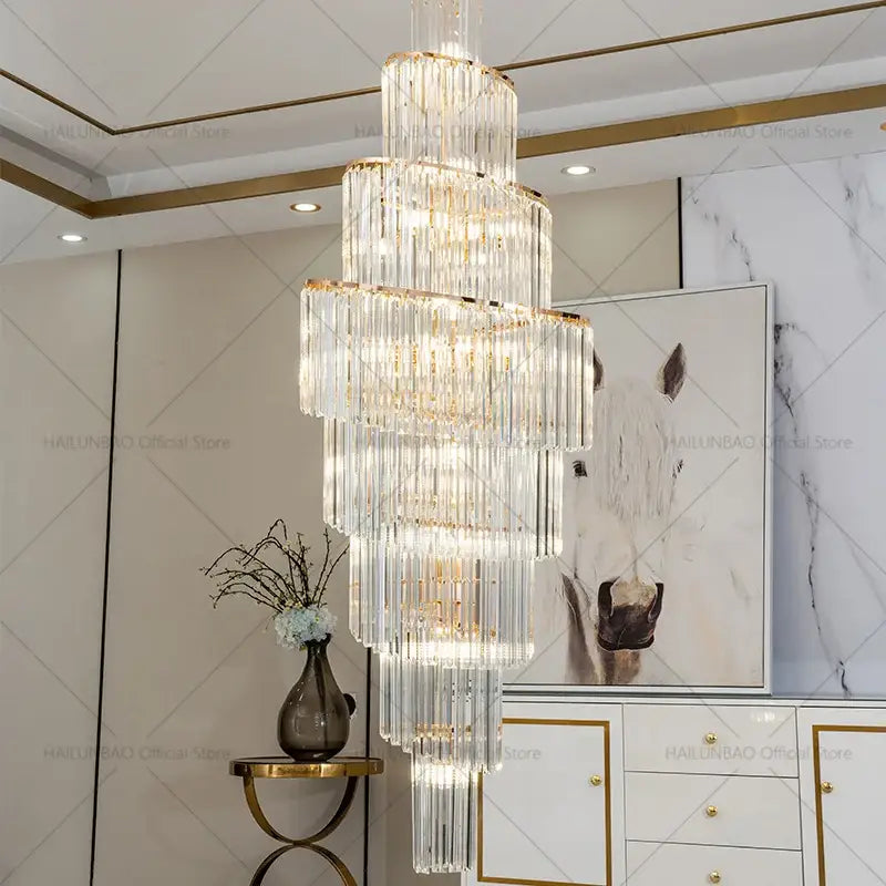 Decorbites crystal chandelier with cascading glass rods and gold accents for penthouse villa living room luxury design