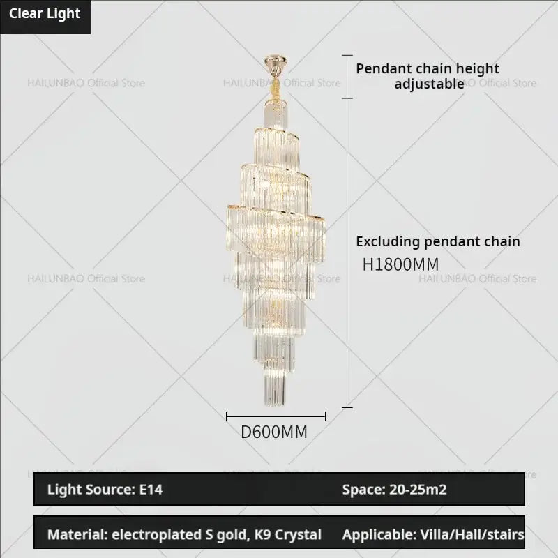 Decorbites crystal chandelier with cascading crystal strands and electroplated gold finish for penthouse villa living room