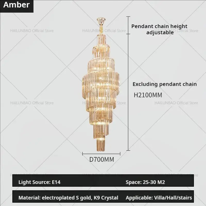 Gold electroplated DecorBites crystal chandelier with cascading K9 crystal tiers for penthouse villa living room luxury design