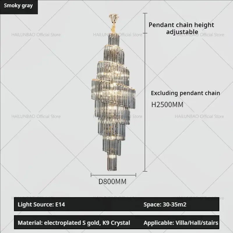Sleek tiered DecorBites crystal chandelier with smoky gray electroplated gold finish and k9 crystal accents for penthouse living room luxury