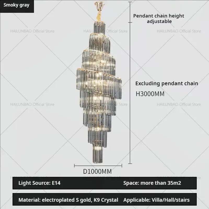 A multi-tiered smoky gray decorbites crystal chandelier with electroplated gold accents and k9 crystal elements for villa living room