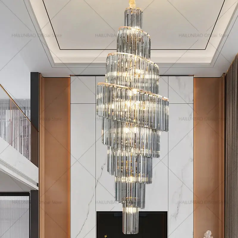 DecorBites crystal chandelier with multi-tiered spiral design and cascading clear crystal rods for penthouse villa living room