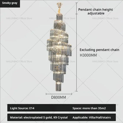 A sleek multi-tiered decorbites crystal chandelier with electroplated gold and k9 crystal for penthouse villa living room