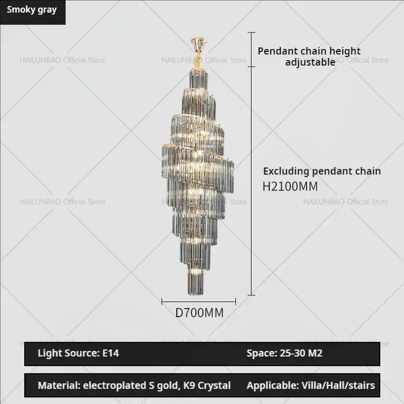 A tiered smoke gray DecorBites crystal chandelier with electroplated gold accents and K9 crystals for penthouse living room