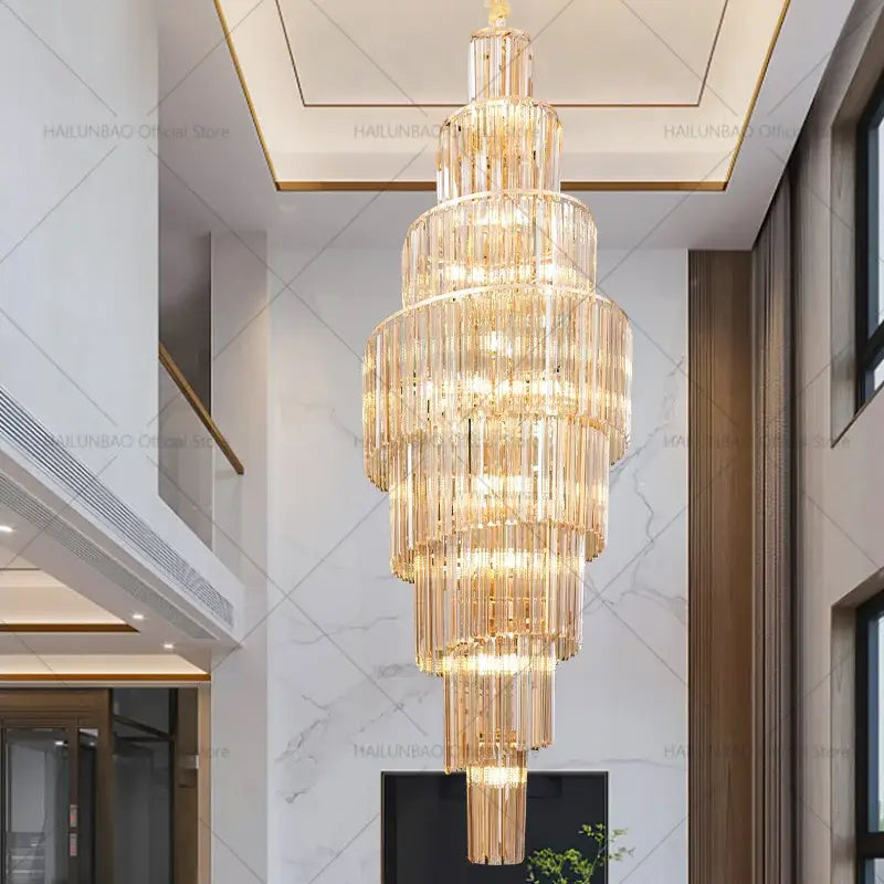 Golden decorbites crystal chandelier with cascading crystal rods and warm glowing lights for penthouse living room