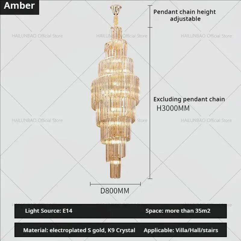 Golden decorbites crystal chandelier with cascading k9 crystal strands and adjustable pendant chain for luxury living room