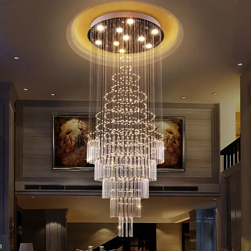 Decorbites crystal chandelier with cascading glass rods and embedded lights for staircase and living room lighting