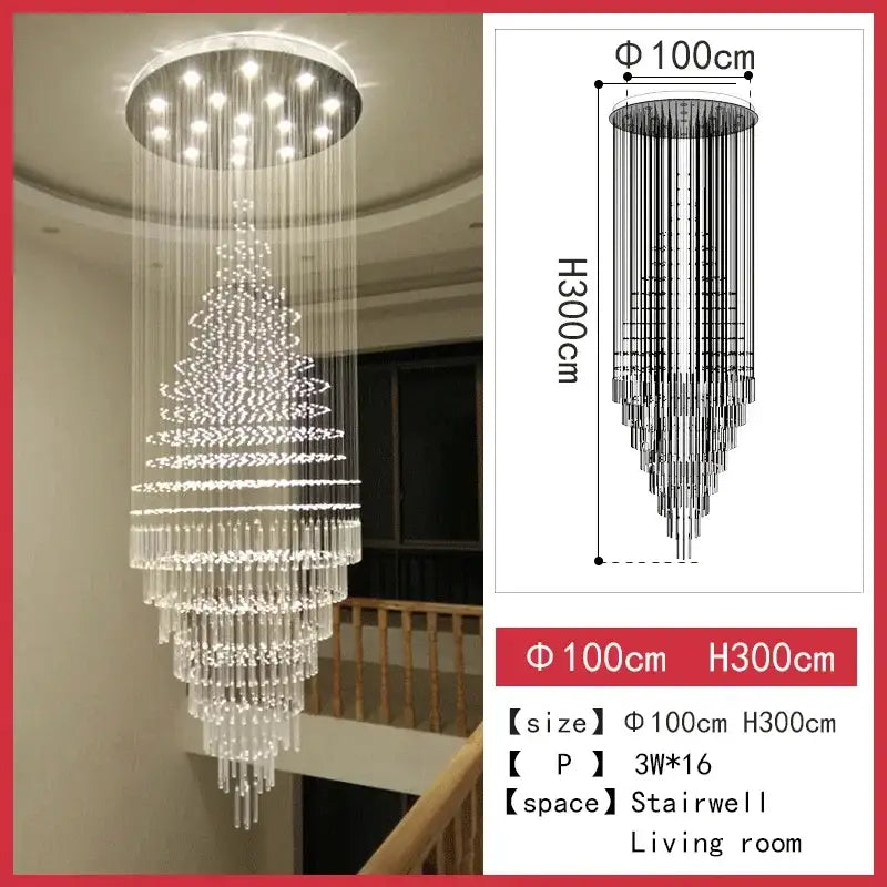 A tall, elegant decorbites crystal chandelier with circular top and cascading clear glass prisms for staircase lighting