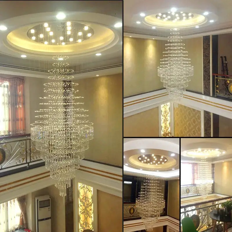 DecorBites crystal chandelier with multi-tiered clear glass prisms for staircase and living room modern LED lighting
