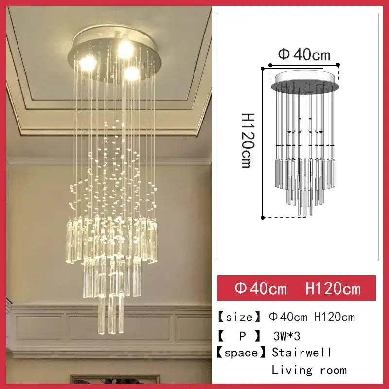 Modern decorbites crystal chandelier with multi-tiered glass rods and metallic base for staircase and living room lighting