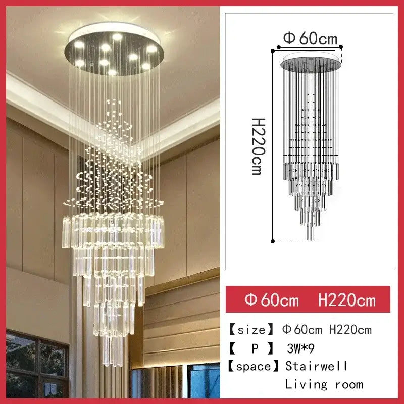 Decorbites crystal chandelier with multi-tiered cascading glass rods and sleek chrome finish for staircase and living room lighting