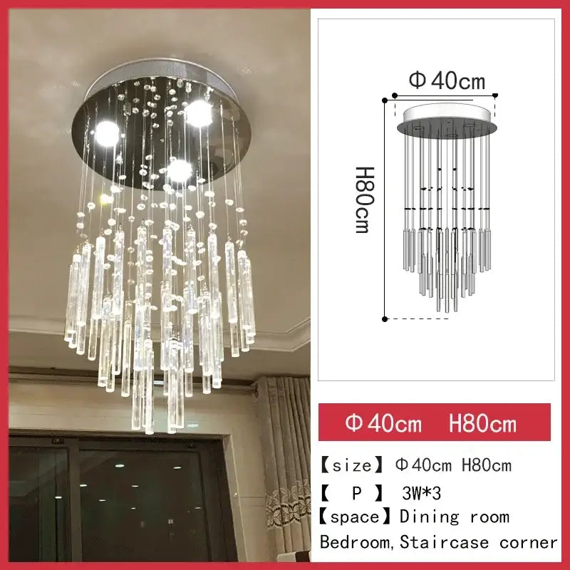 Modern decorbites crystal chandelier with chrome base and clear glass rods for staircase and living room lighting