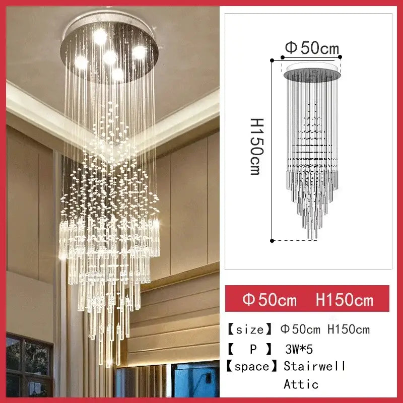 DecorBites crystal chandelier with sleek chrome finish and cascading glass rods for staircase and living room lighting