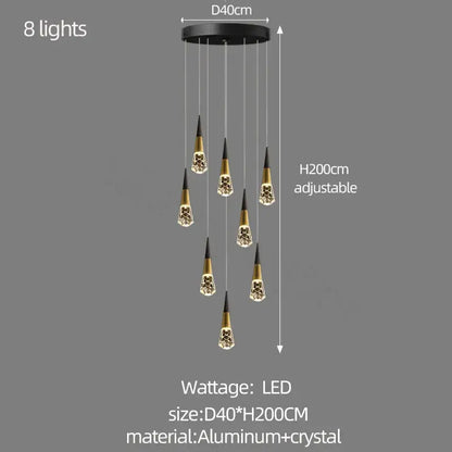 Black and gold decorbites crystal chandelier with eight dangling crystal-encrusted pendants for stairwell lighting