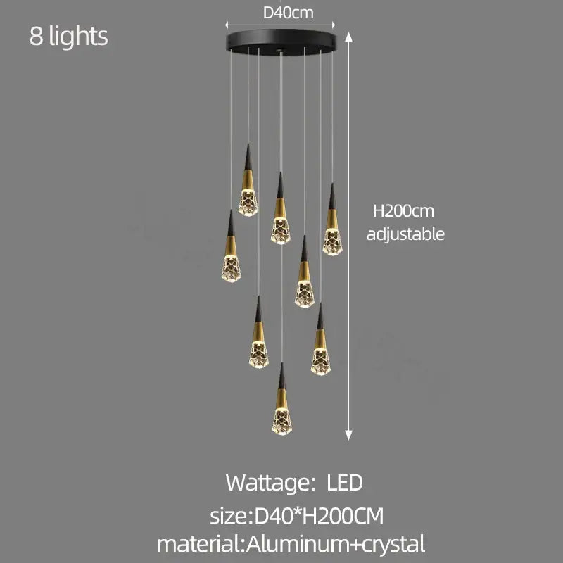 Black and gold decorbites crystal chandelier with eight dangling crystal-encrusted pendants for stairwell lighting