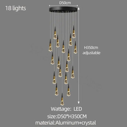 Black and gold decorbites crystal chandelier with 18 crystal pendants suspended from adjustable aluminum base