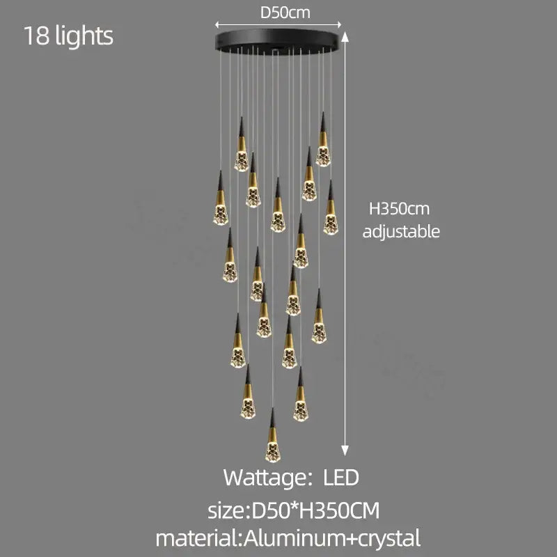 Black and gold decorbites crystal chandelier with 18 crystal pendants suspended from adjustable aluminum base