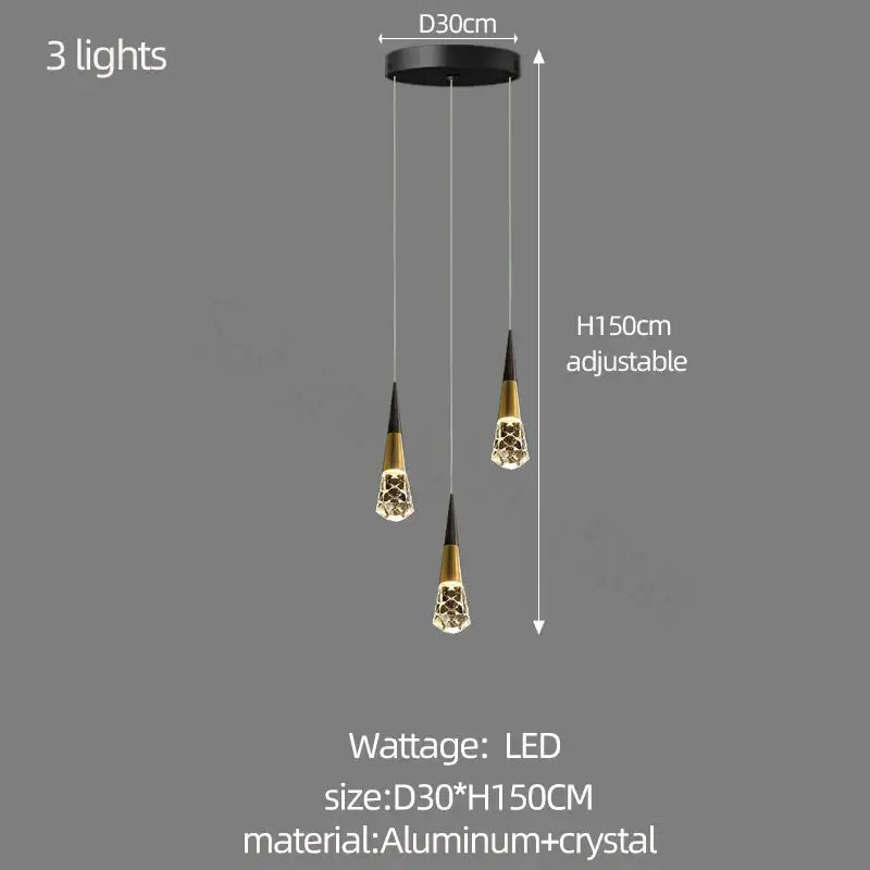 Black and gold crystal chandelier pendant light with adjustable height for stairwell and living room by DecorBites crystal chandelier