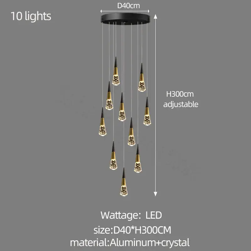 Black and gold decorbites crystal chandelier with ten crystal-encrusted fixtures on aluminum base for stairwell lighting