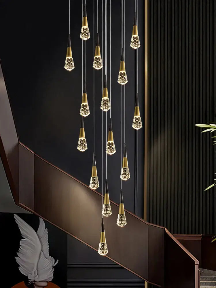 Elegant gold-accented DecorBites crystal chandelier with faceted glass shades for stairwells and living room lighting