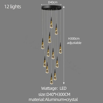 Black circular ceiling fixture with 12 dangling gold-toned crystal pendant lights.
