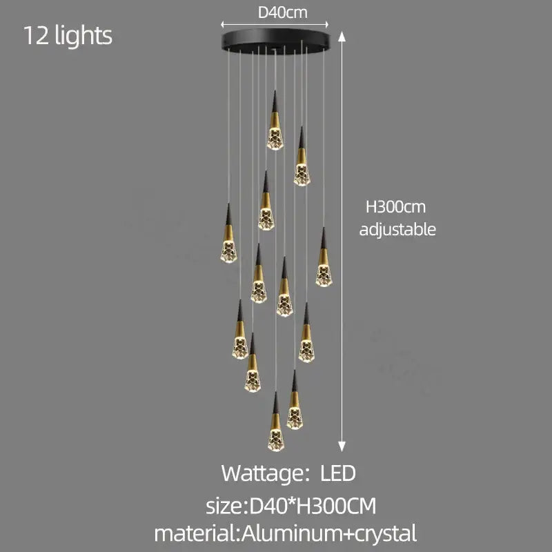 Black circular ceiling fixture with 12 dangling gold-toned crystal pendant lights.