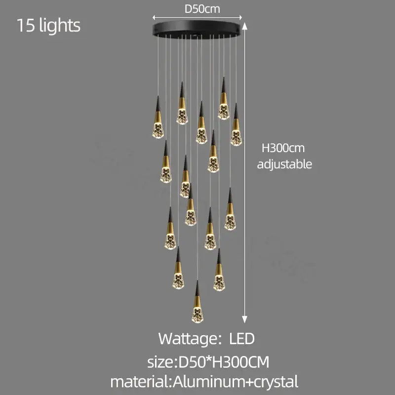 Black and gold decorbites crystal chandelier with 15 crystal pendants on aluminum base for stairwell and living room lighting