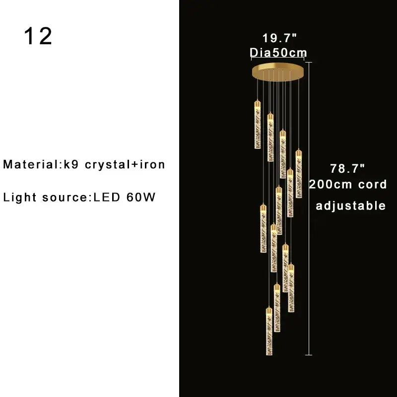 Gold-toned decorbites crystal chandelier with cascading crystal-encrusted cylinders for two-storey foyer and stairwell