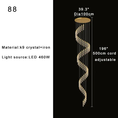 Decorbites crystal chandelier with k9 crystal and iron spiral design featuring gold-toned top for foyer stairwell