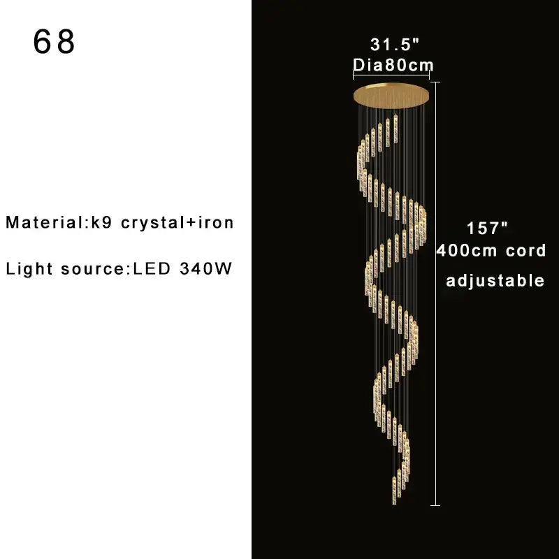 A decorbites crystal chandelier with k9 crystal and iron in golden tone designed for circular stairwell foyers