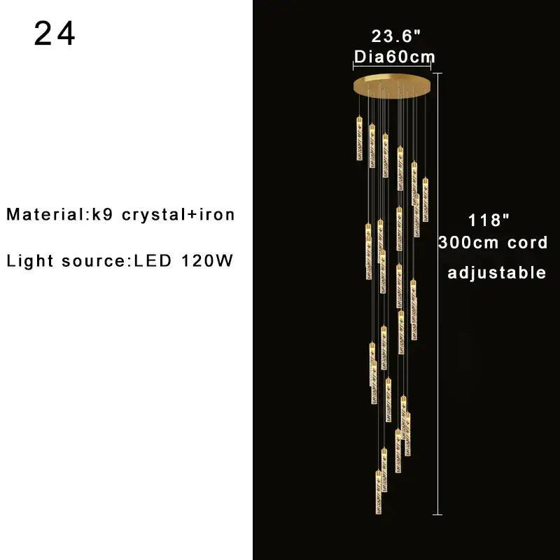 Gold-toned decorbites crystal chandelier with cascading k9 crystal pendants for two-storey foyer and circular stairwell